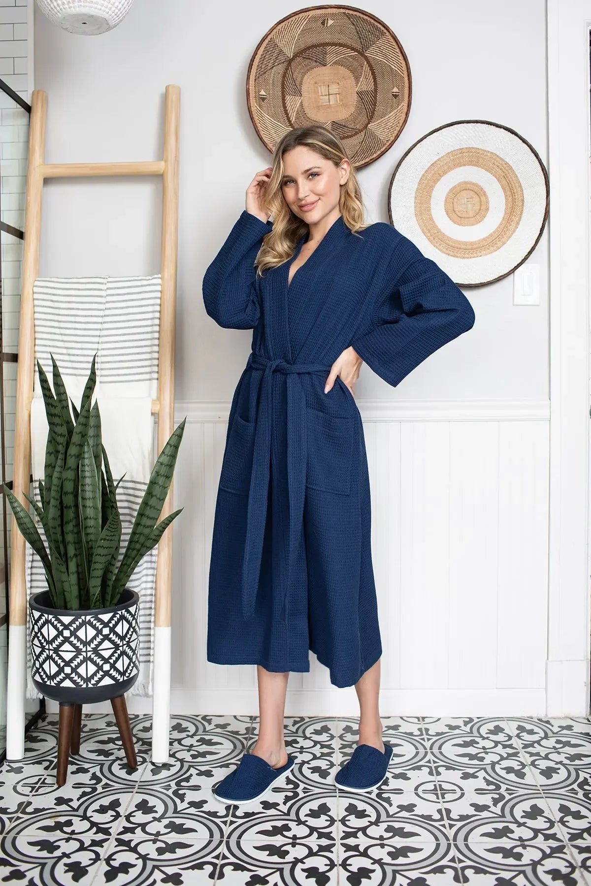 Lightweight Lotus Linen women's waffle robe with quick-dry spa comfort, shown hanging open to display soft fabric and relaxed fit.