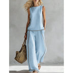 Printed retro sleeveless top and wide-leg pants set by FitiqueFit, featuring vibrant 12-print design in various sizes.