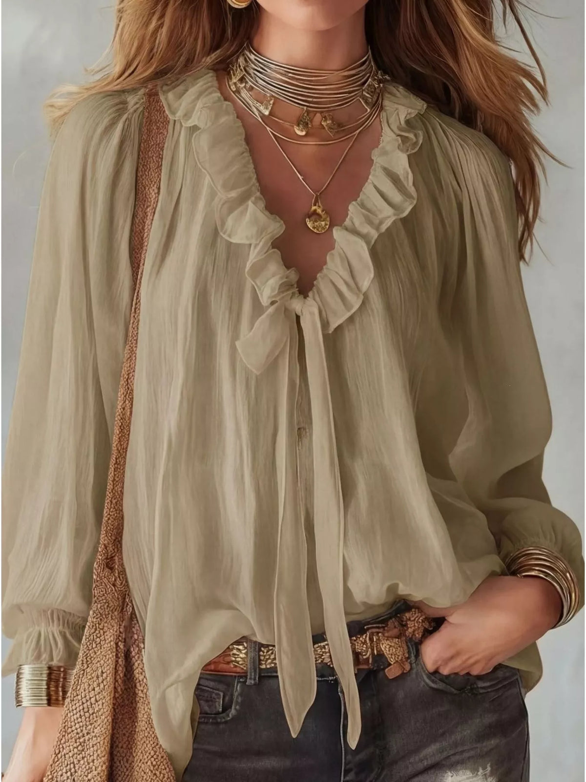 Plush Fashion Hub ruffle long sleeve blouse with delicate detailing and lightweight fabric, perfect for stylish casual or formal wear.