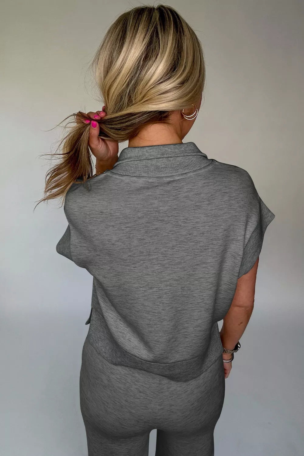 Casual half zip polo tee and pant set by Plush Fashion Hub, featuring a relaxed fit and comfortable fabric in neutral tones.