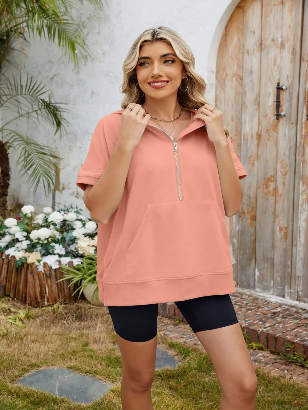 Plush Fashion Hub short sleeve hooded half zip top, casual tops with hood and half zipper, lightweight and comfortable for everyday wear.