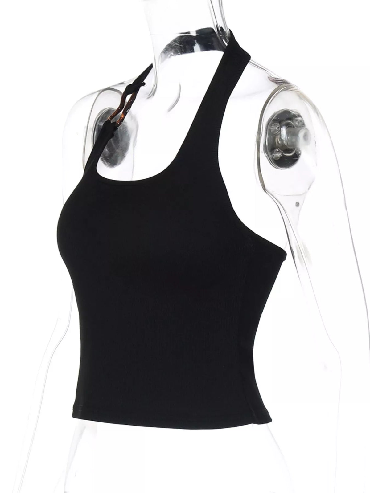 Ribbed halter neck tank top by Plush Fashion Hub, featuring a fitted design with ribbed fabric and halter strap style.