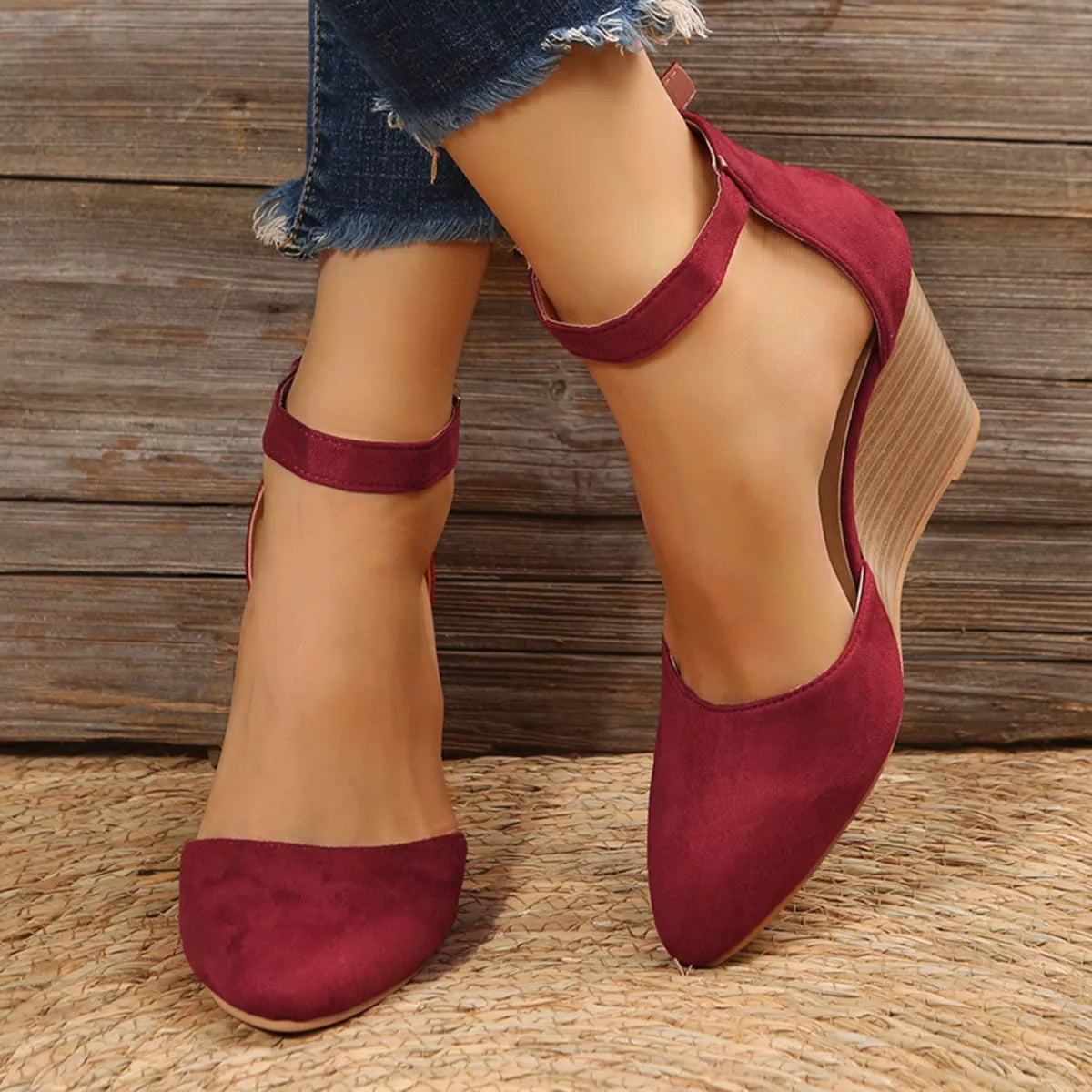 Point toe wedge sandals by Plush Fashion Hub featuring a sleek design and comfortable heel for stylish summer wear.
