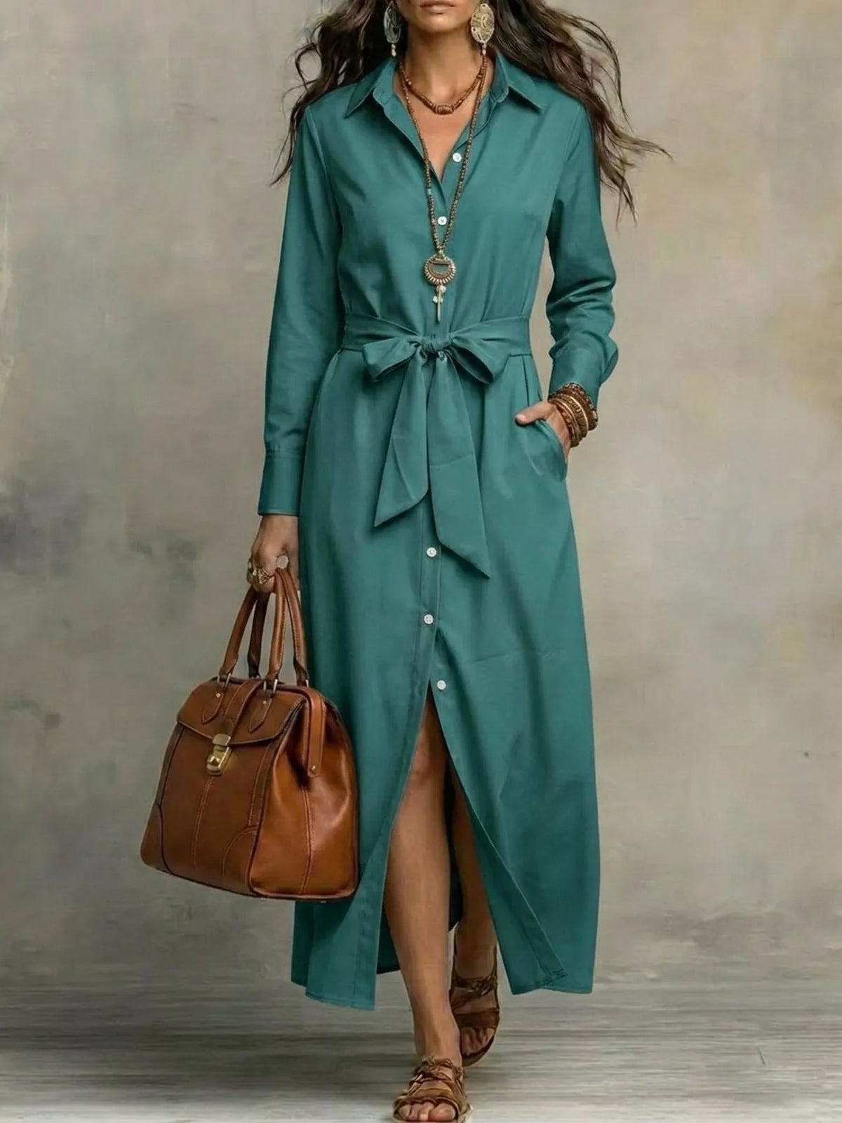 Plus size long sleeve tie waist shirt dress by Plush Fashion Hub, featuring a flattering fit and classic design.