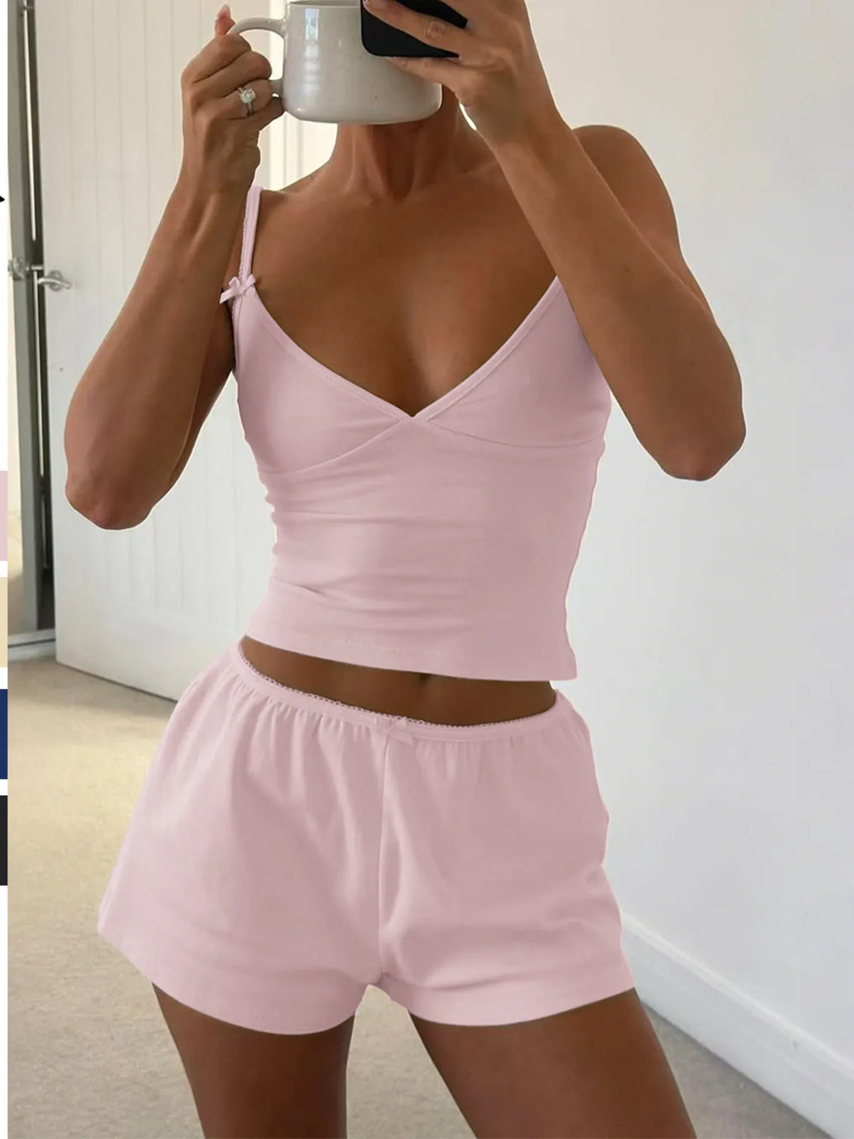 Plush Fashion Hub plush V-neck active wear cami and shorts set, soft fabric with comfortable fit for exercise or lounging.