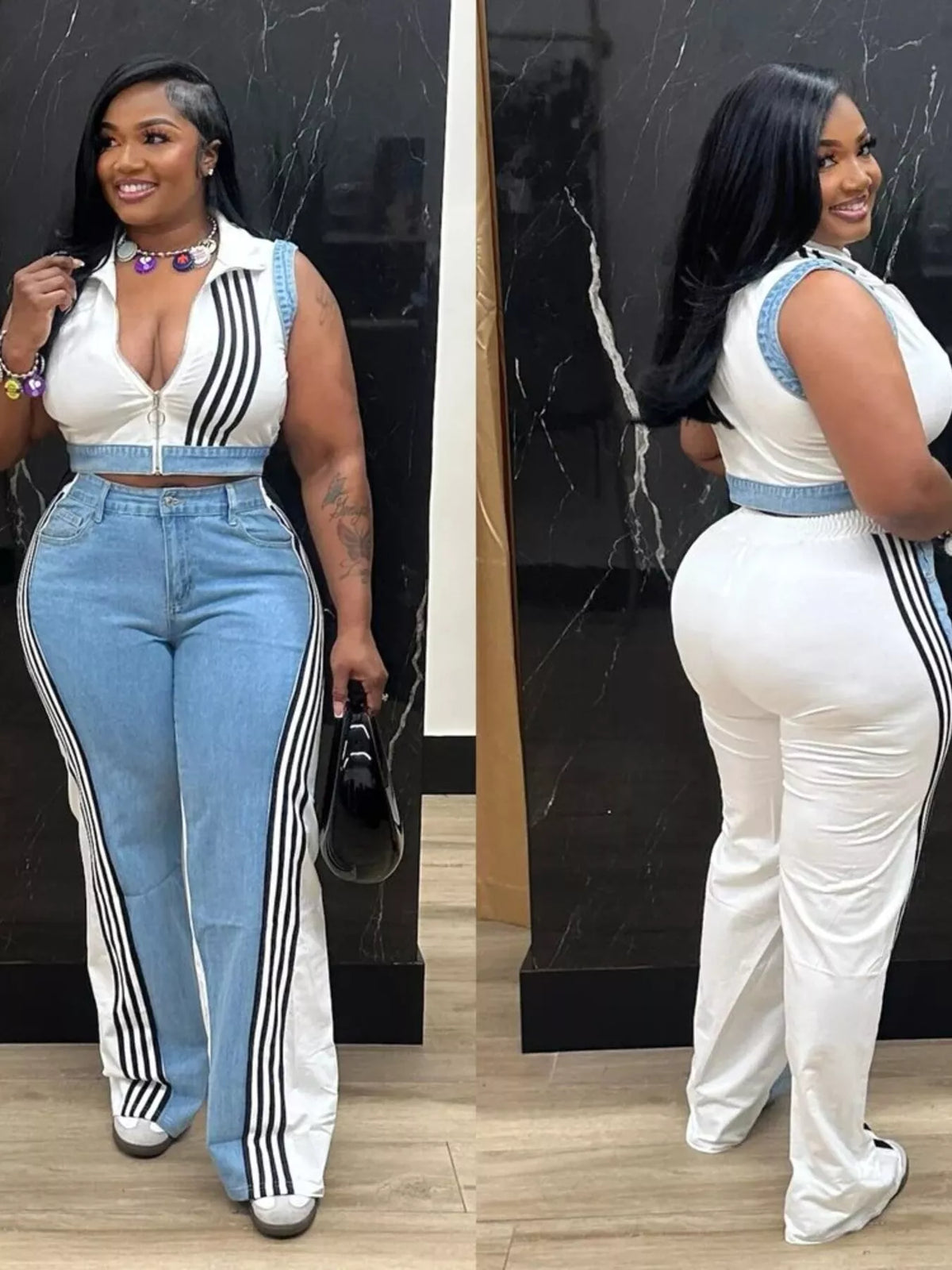 Zip front crop top and striped pants set by Plush Fashion Hub, stylish two-piece outfit with a modern, casual look.