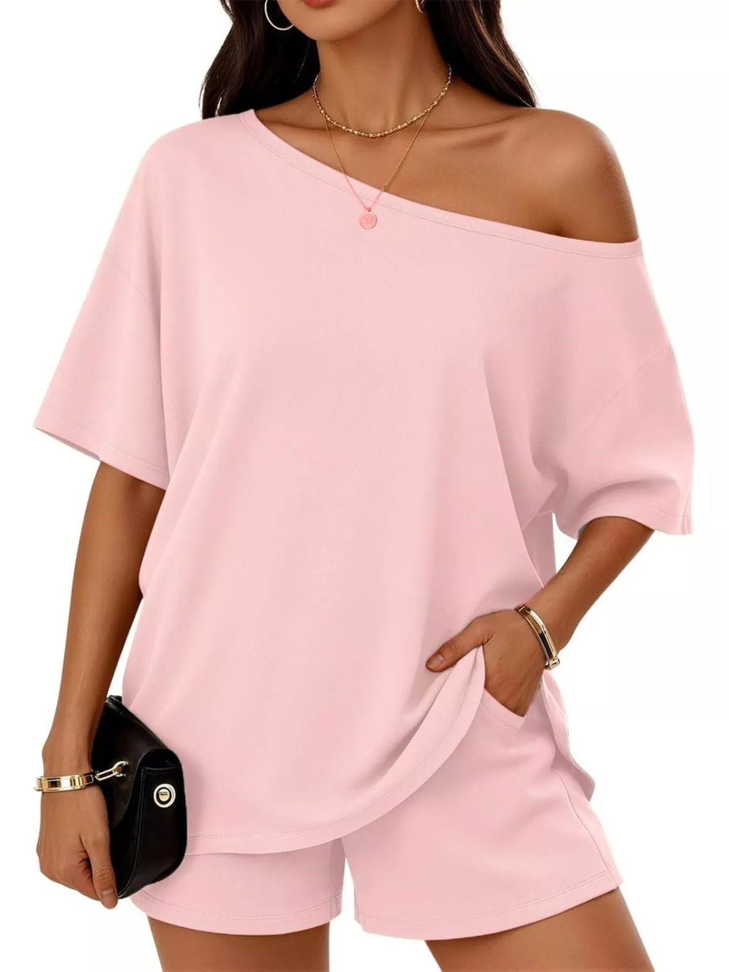 Plus size women's boat neck T-shirt and shorts lounge set by Trendsi, soft fabric, relaxed fit, perfect for casual wear.