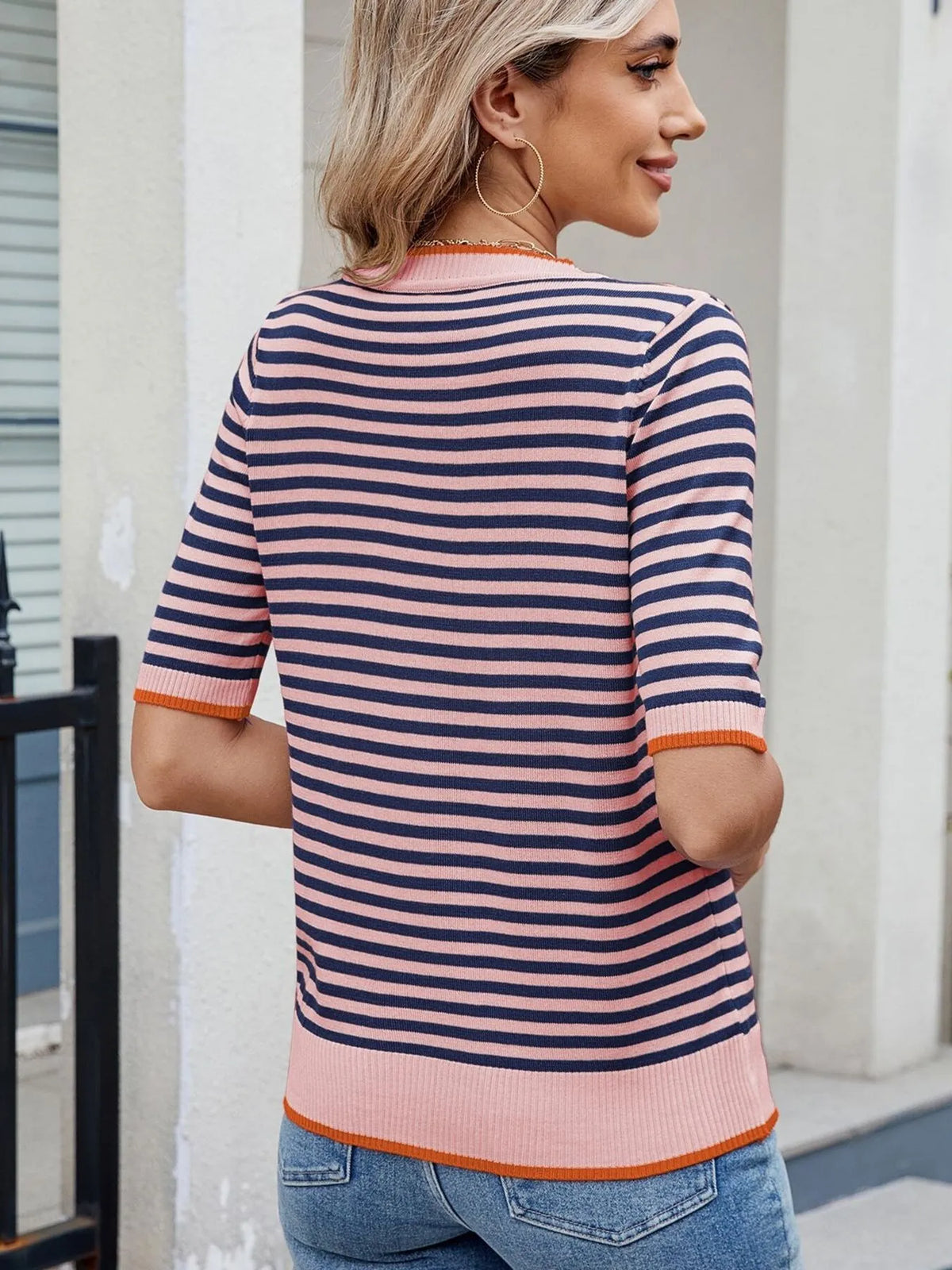 Striped casual T-shirt with contrast trim from Plush Fashion Hub, featuring a comfortable fit and stylish design.