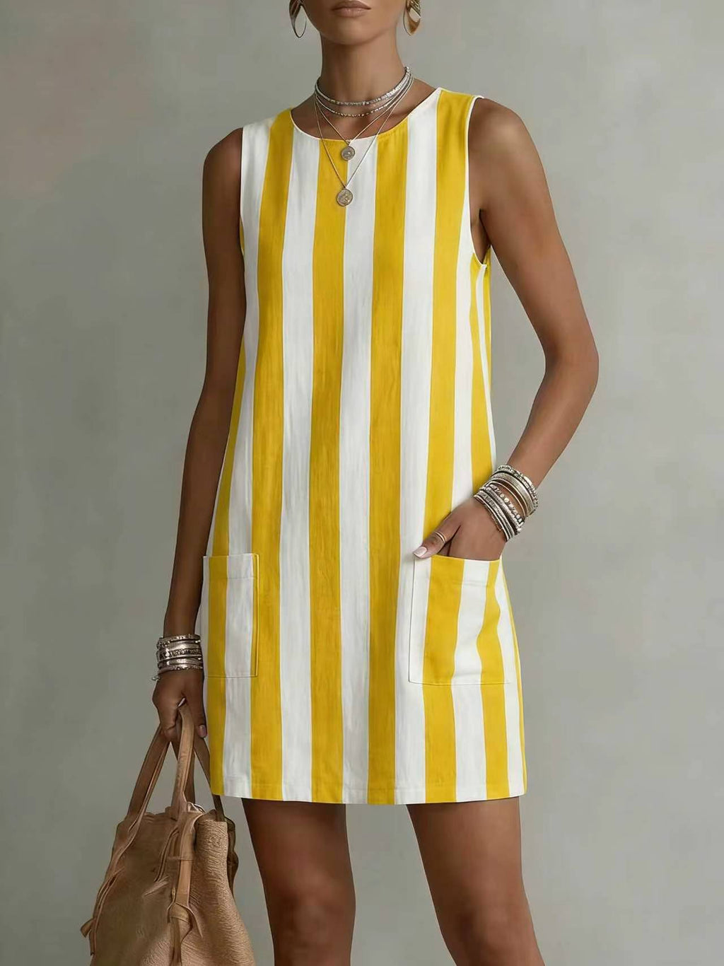 Women's striped color-block sleeveless mini dress by Plush Fashion Hub, casual loose-fit dress with bold stripes and vibrant colors.