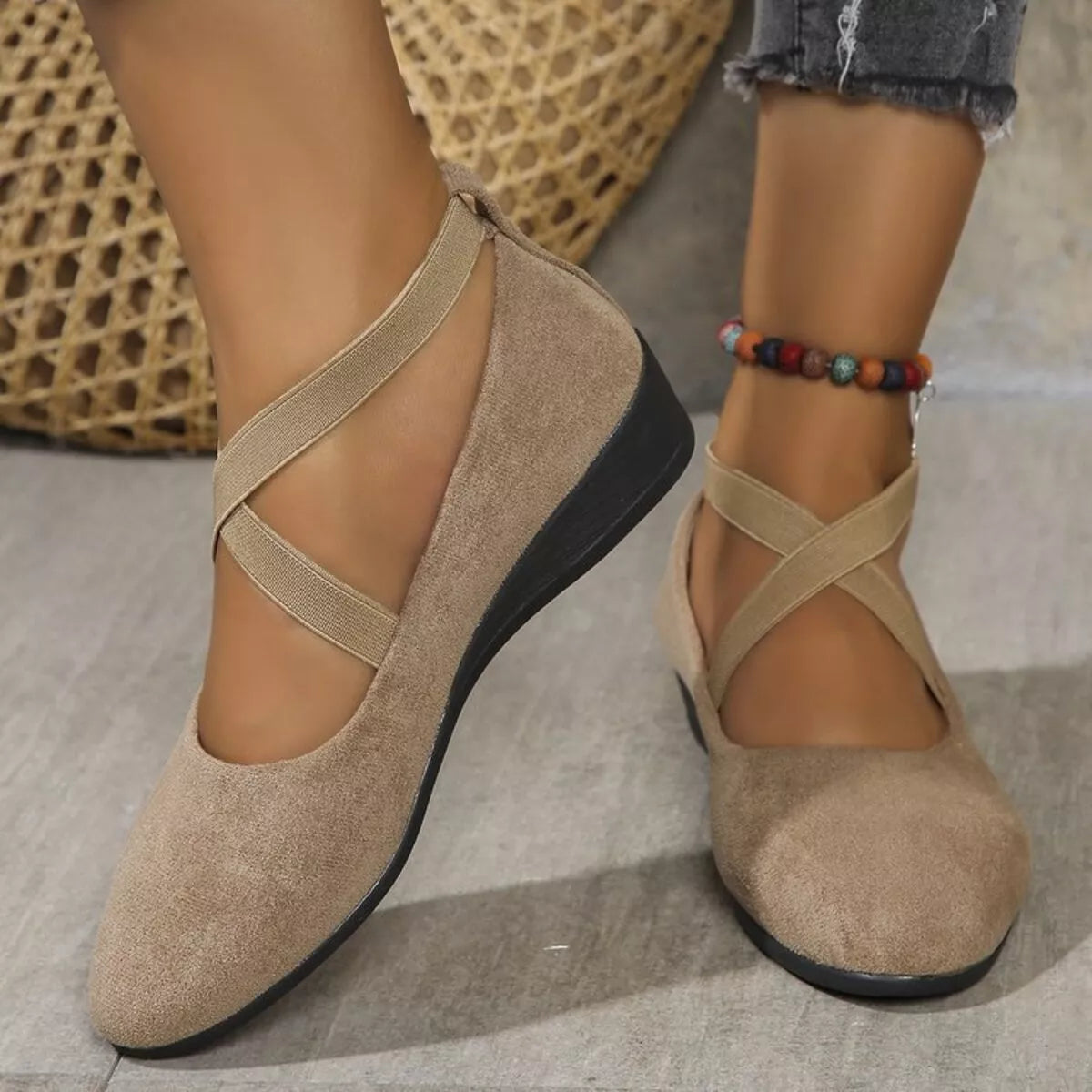 Trendsi round toe wedge loafers in neutral color, showcasing stylish footwear with comfortable wedge heel and classic design.