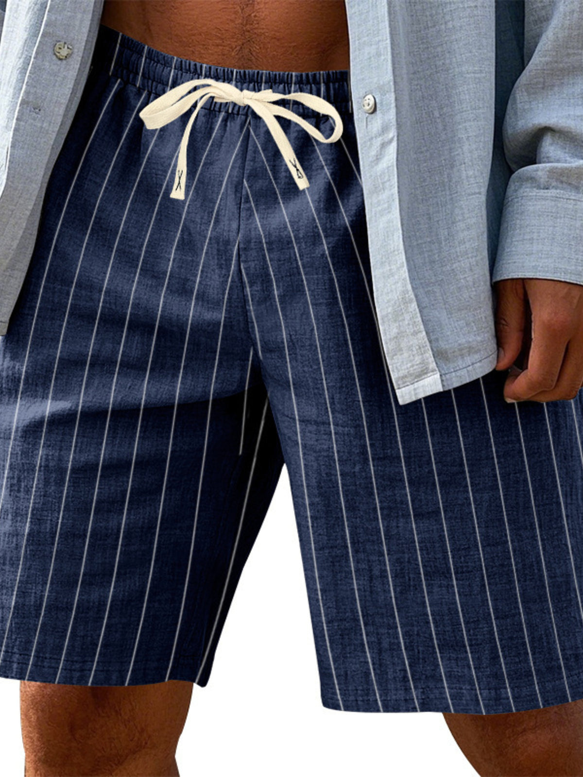 Men's full size striped casual shorts with drawstring waist, plus size shorts from Plush Fashion Hub, shown in the image.
