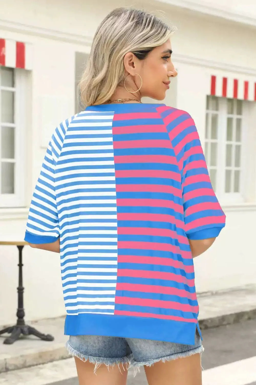 Striped round neck half sleeve T-shirt from Plush Fashion Hub, casual tops with colorful horizontal stripes and comfortable fit.