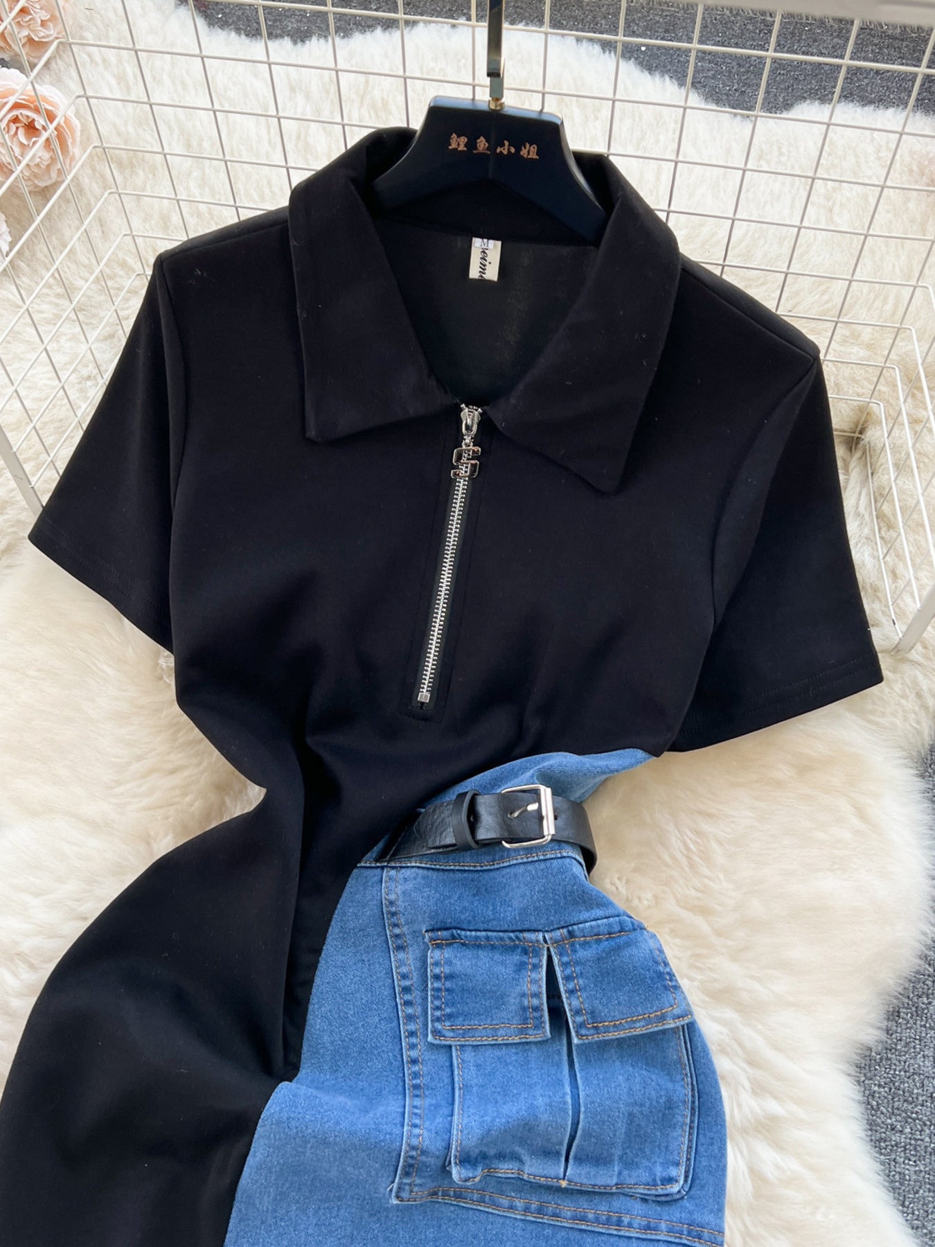 Color block denim patchwork midi dress with front zipper and belt, stylish Trendsi dress shown in the image.
