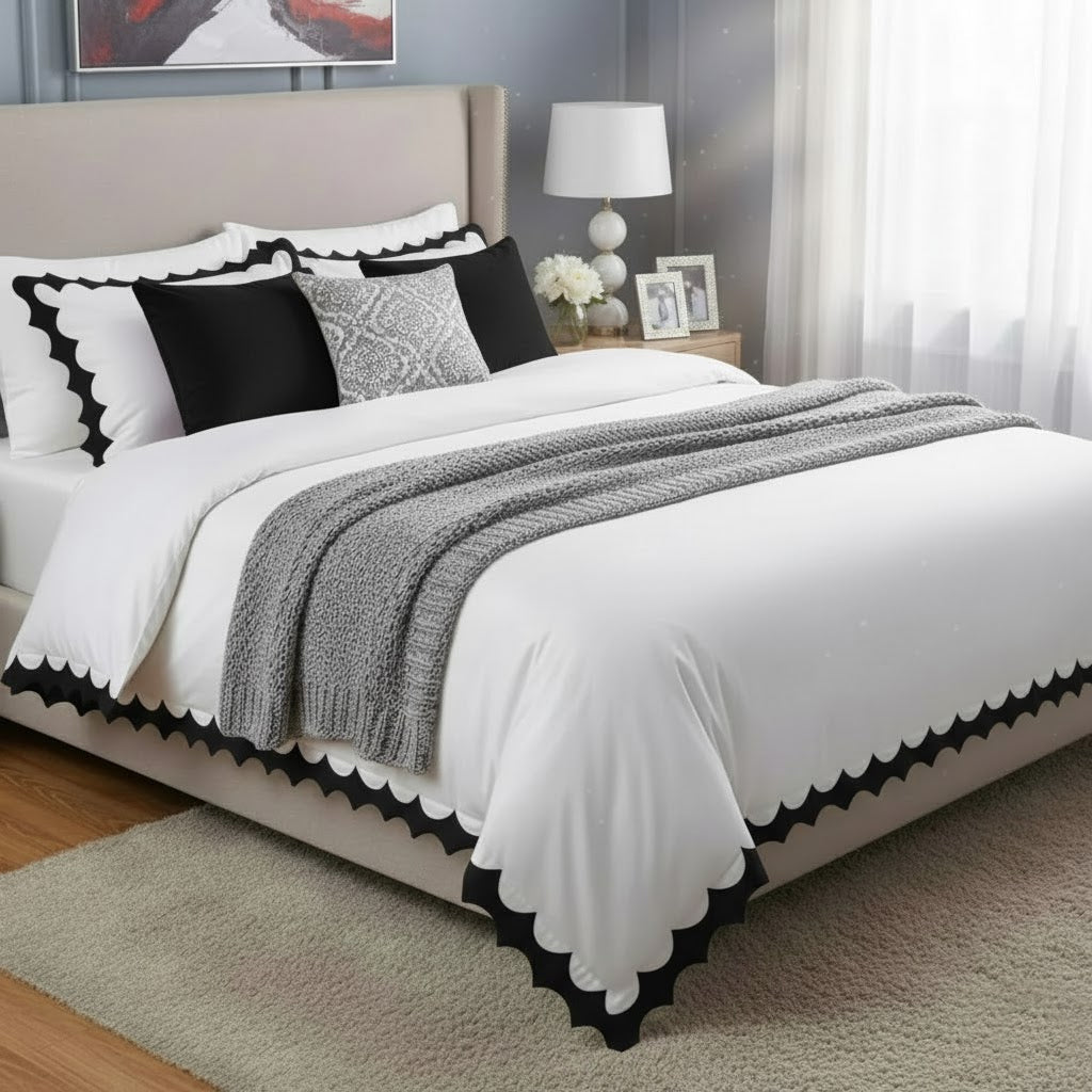 Reverse Scalloped Applique Embroidery Cotton Duvet Cover Set PushpLinen