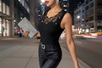 Black ribbed rhinestone-decorated vest T-shirt top by FitiqueFit, casualwear with stylish rhinestone accents and fitted ribbed fabric.