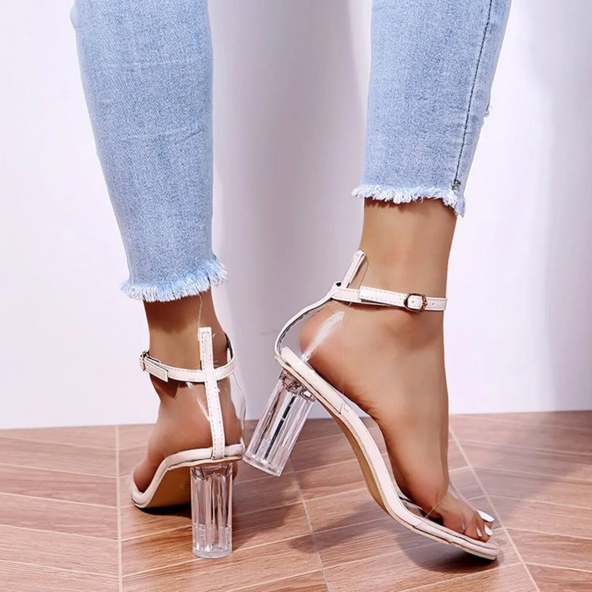Women's faux leather block heel ankle strap sandals by Plush Fashion Hub, showing stylish open-toe design and ankle buckle strap.