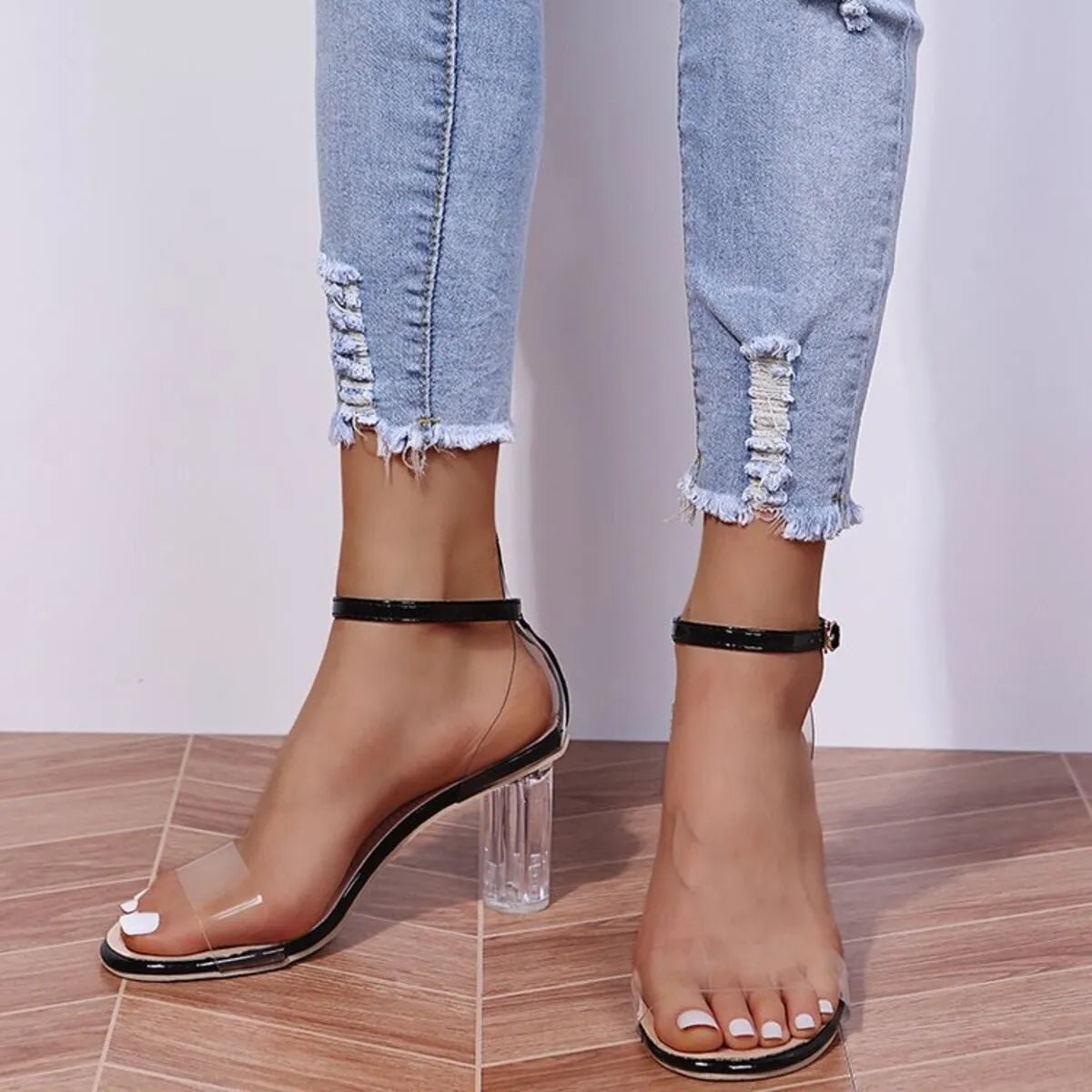 Women's faux leather block heel ankle strap sandals by Plush Fashion Hub, showcasing stylish open-toe design and ankle buckle strap.