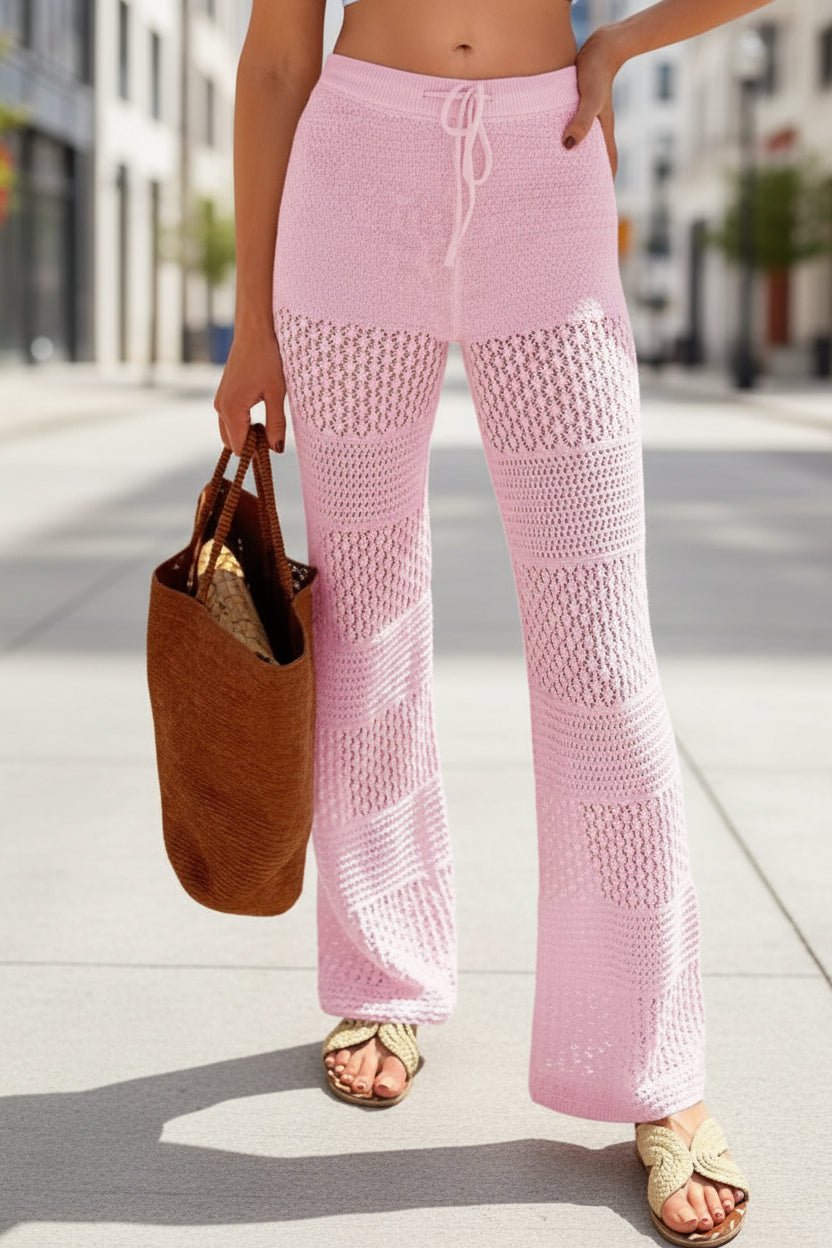Boho crochet knit beach cover-up pants by FitiqueFit, casualwear with lightweight, airy design perfect for beachwear.