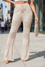 Light beige boho crochet knit beach cover-up pants by FitiqueFit, featuring a relaxed, casual style perfect for summer beachwear.