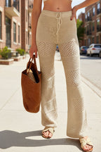 Boho crochet knit beach cover-up pants by FitiqueFit, featuring lightweight, breezy casualwear with intricate crochet details.