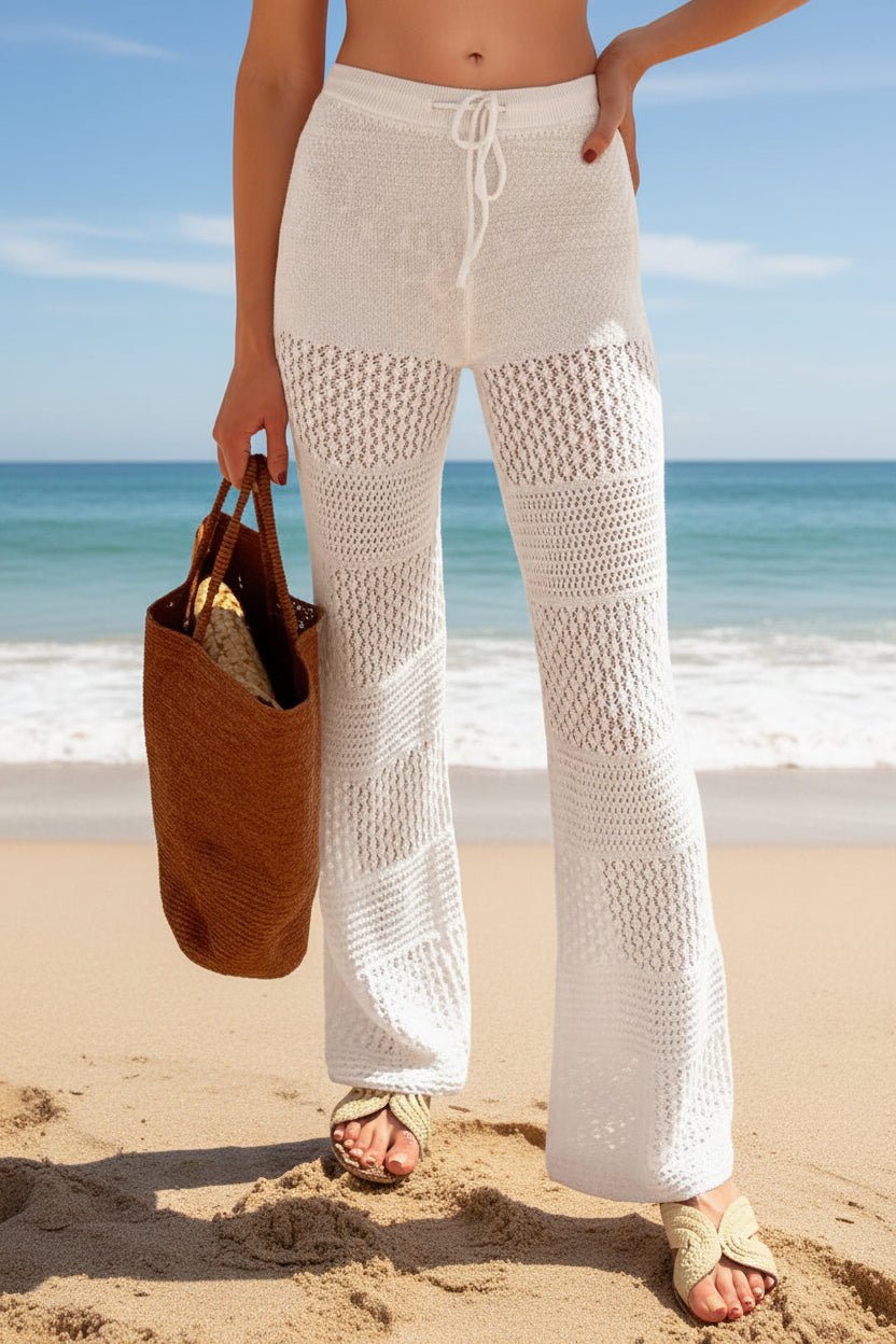 Boho crochet knit beach cover-up pants by FitiqueFit, featuring lightweight, casualwear with intricate crochet details and relaxed fit.