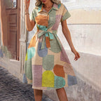 FitiqueFit boho floral midi dress for women with V-neck and short sleeves, perfect for casual summer wear.