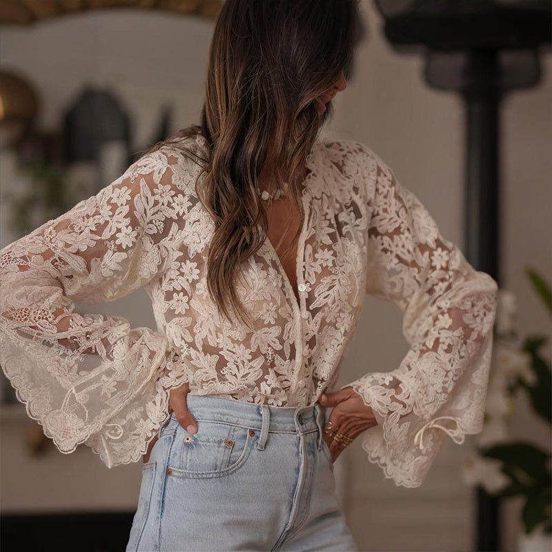 Boho lace embroidered V-neck blouse by FitiqueFit featuring intricate lace details and casual style for a relaxed look.