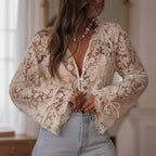 Boho lace embroidered V-neck blouse by FitiqueFit featuring intricate lace details and casual style.