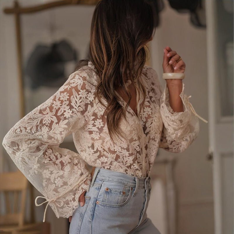 Boho lace embroidered V-neck blouse by FitiqueFit, casualwear with intricate lace details and relaxed fit.