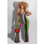 Women striped halter jumpsuit with bold horn details, stylish and trendy overall look by Trendy Attic Store01.