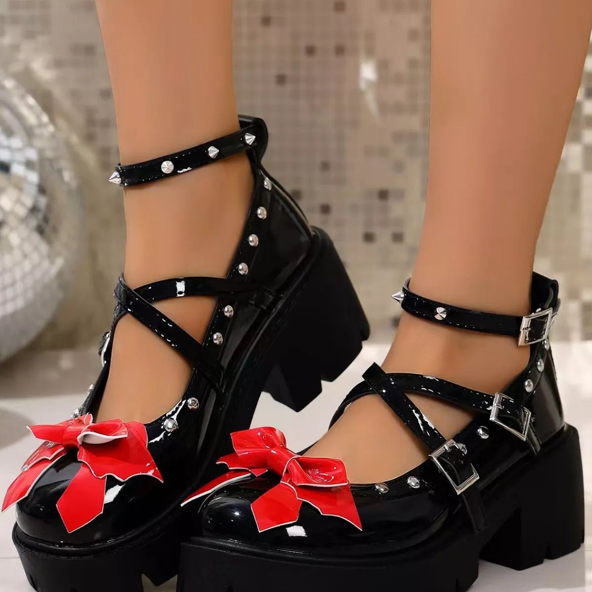 Women’s bow decor Mary Jane high heel loafers by Plush Fashion Hub, elegant PU leather shoes with a stylish bow detail.