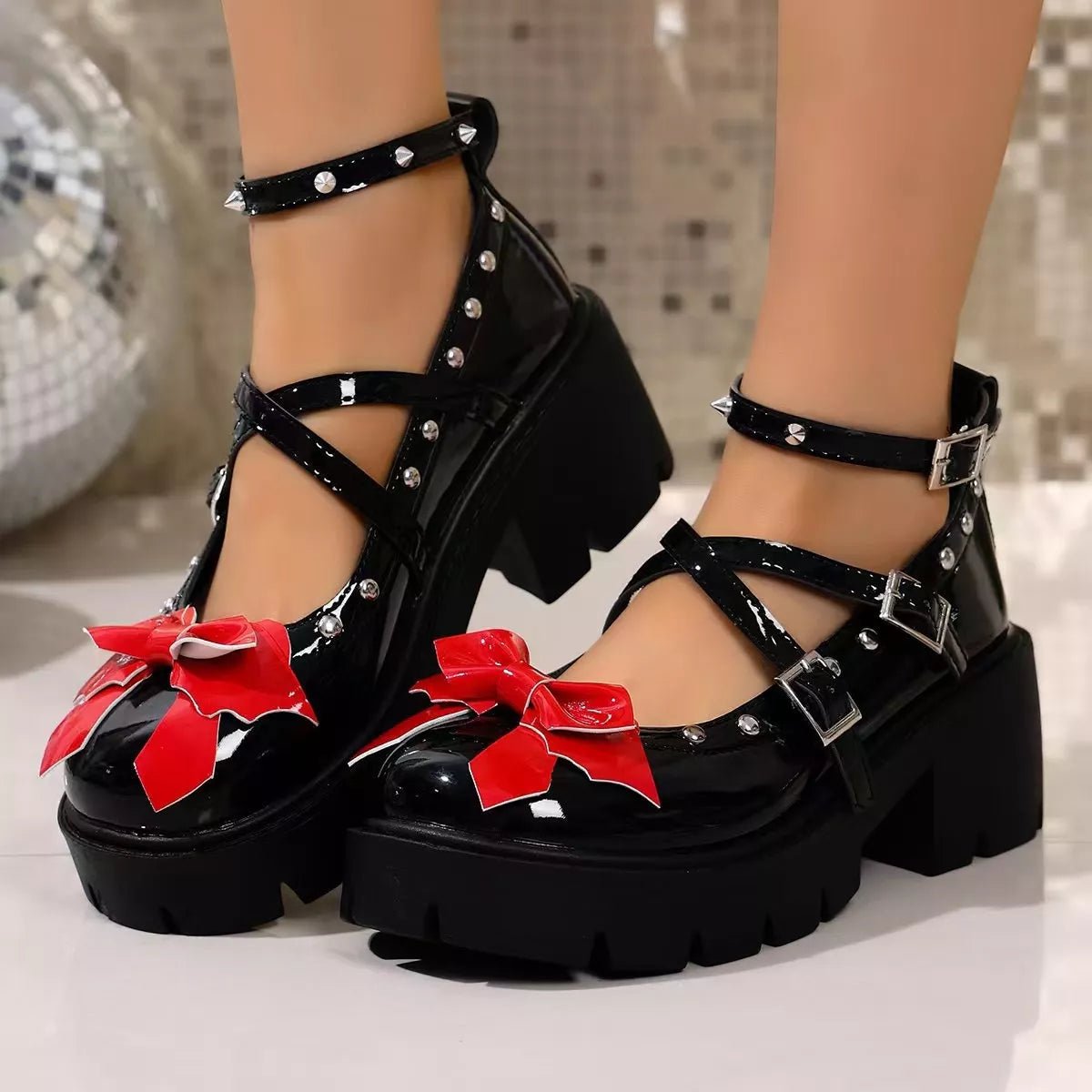 Women’s bow decor Mary Jane high heel loafers by Plush Fashion Hub, elegant PU leather shoes with stylish bow detail.