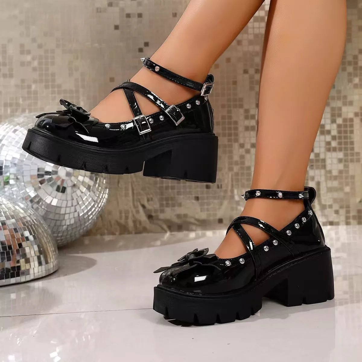 Women’s bow decor Mary Jane high heel loafers by Plush Fashion Hub featuring elegant PU leather shoes with stylish bow accents.