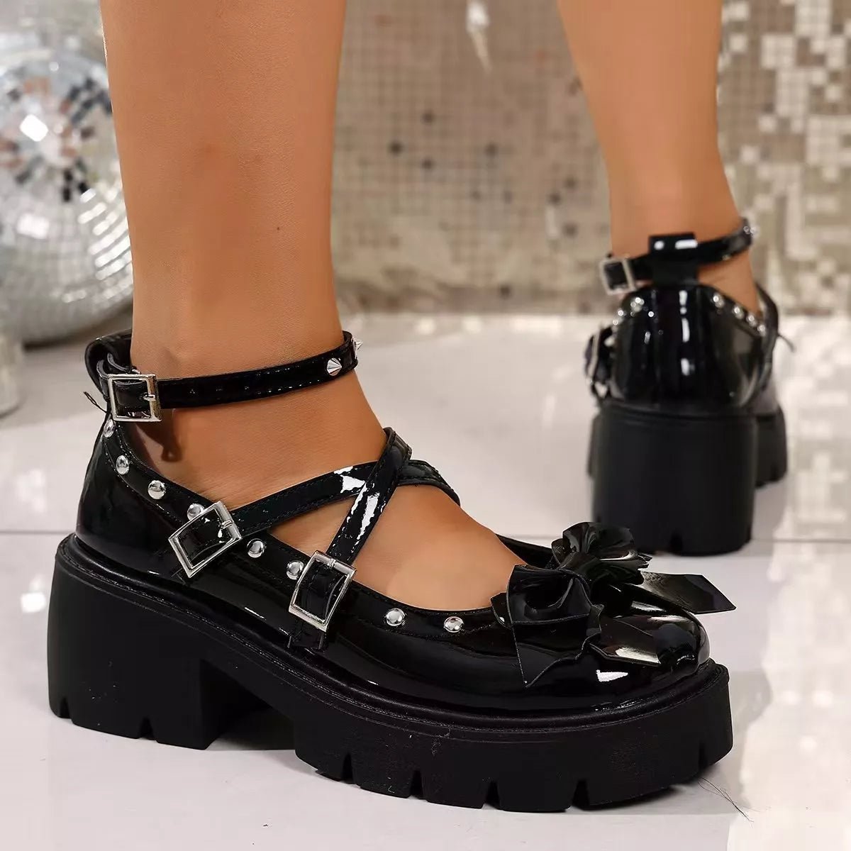 Women’s bow decor Mary Jane high heel loafers by Plush Fashion Hub, elegant PU leather shoes with stylish bow detail.