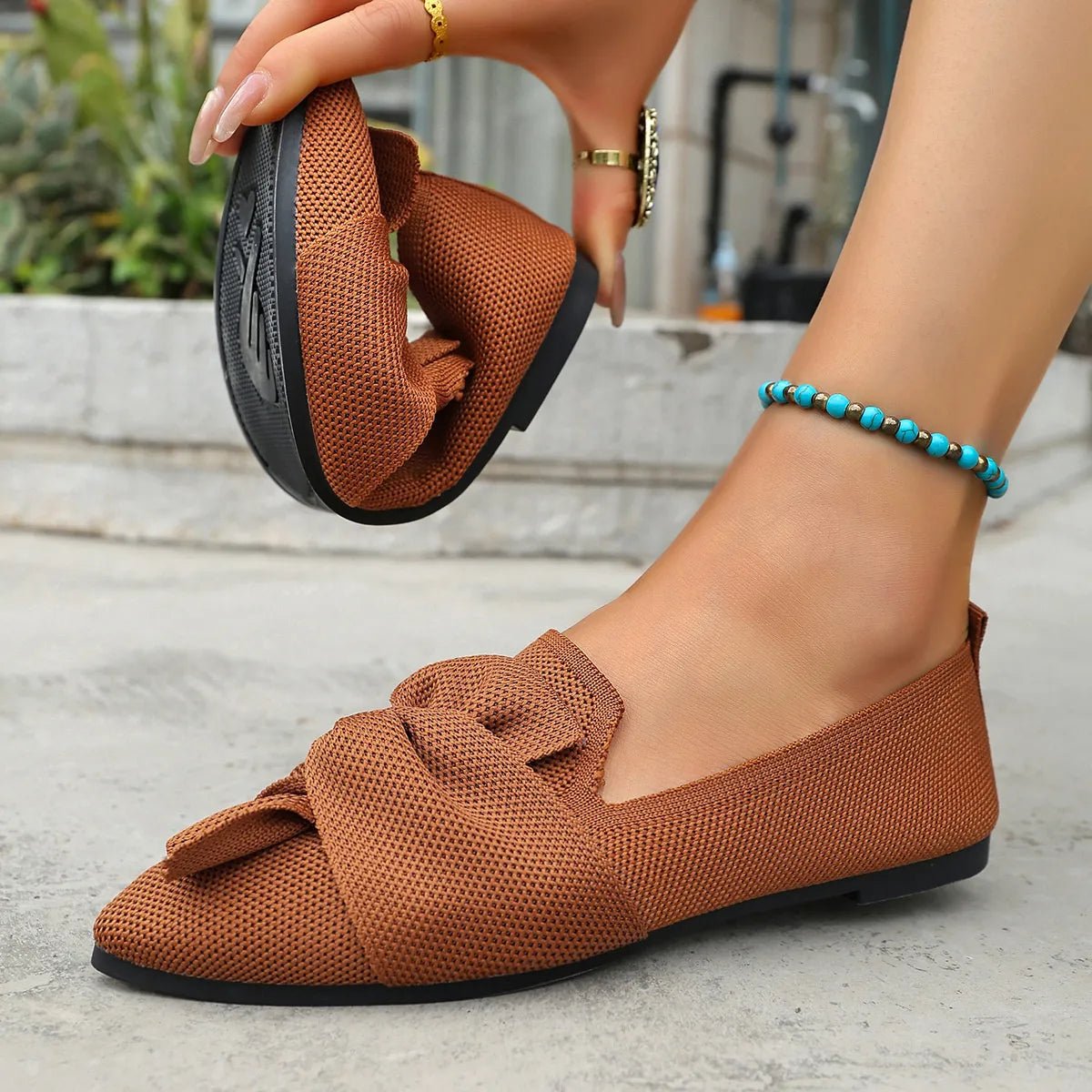 Elegant Plush Fashion Hub pointed toe flat slip-on shoes with bow embellishments, perfect for stylish and comfortable wear.