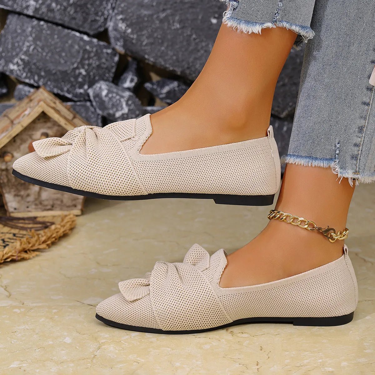 Elegant bow embellished pointed toe flat slip-on shoes from Plush Fashion Hub with stylish design and comfortable fit.