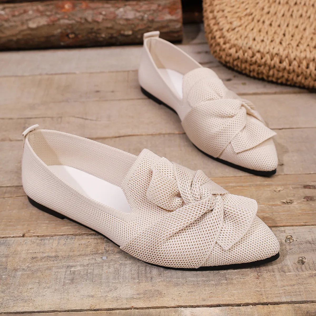 Elegant pointed toe flat slip-on shoes with bow embellishment by Plush Fashion Hub, showcasing a stylish and comfortable shoe design.