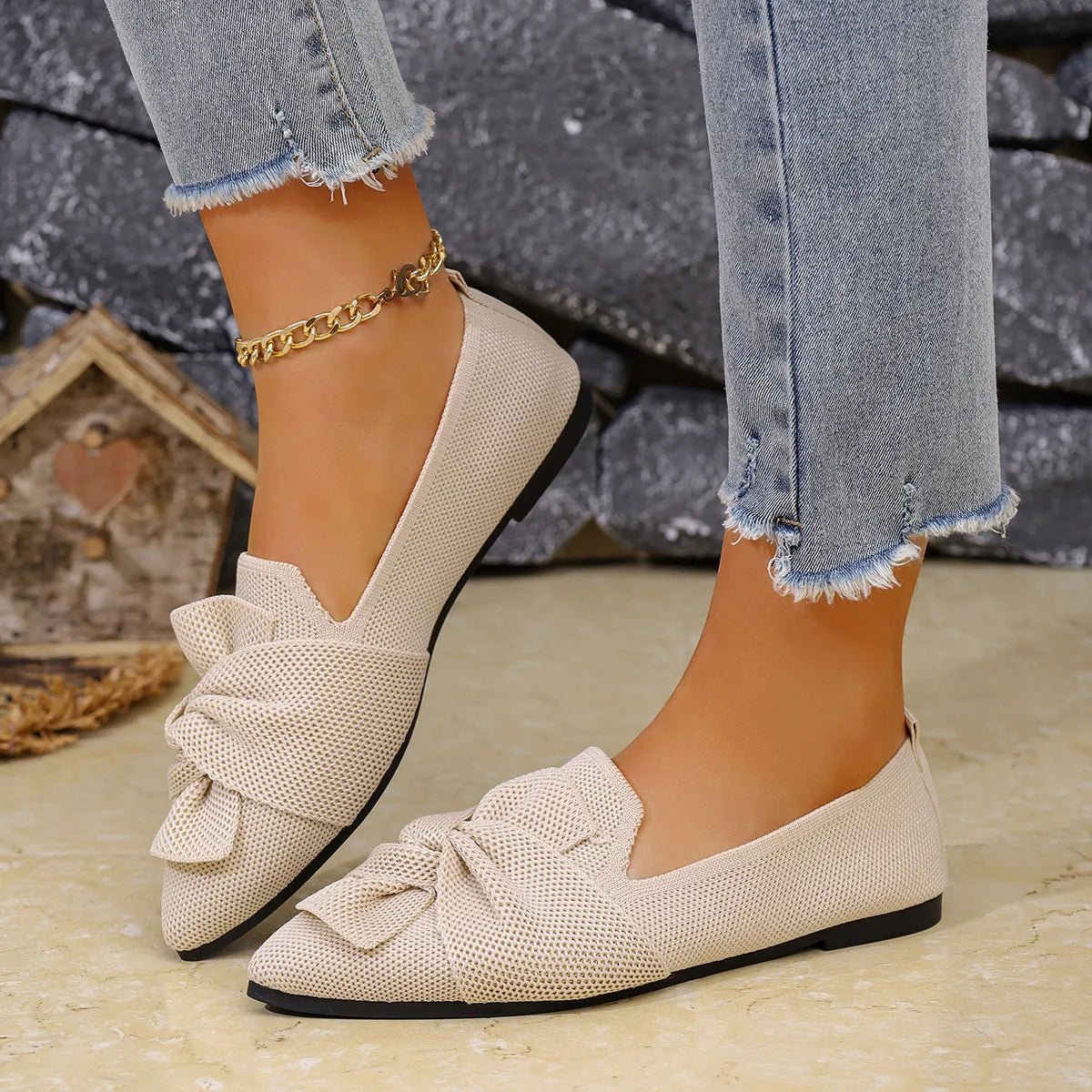 Elegant Plush Fashion Hub pointed toe flat slip-on shoes with bow embellishment, perfect for stylish, comfortable wear.