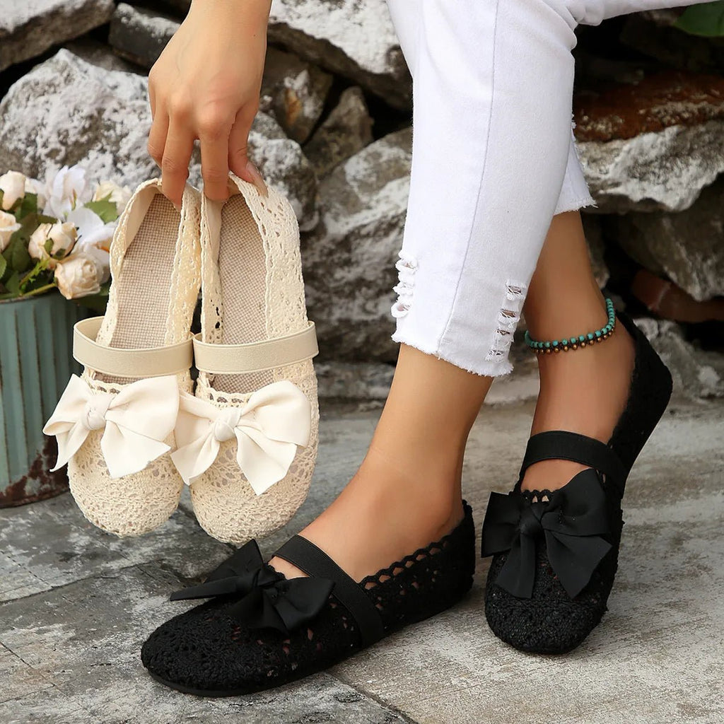 Women's chic round toe bow slip-on flats by Trendsi featuring breathable mesh fabric for comfortable everyday wear.