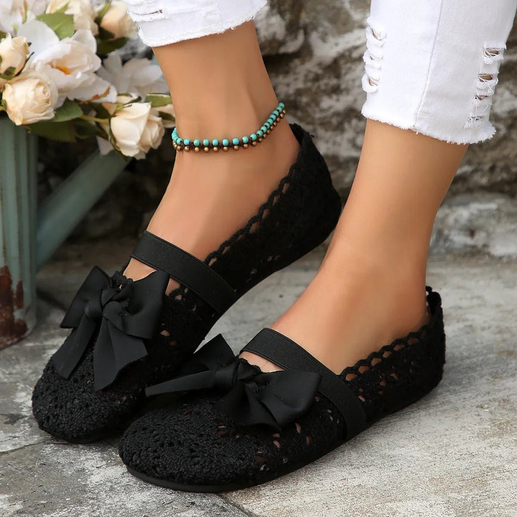 Women's chic round toe bow slip-on flats with breathable mesh upper, comfortable slip-on shoes by Trendsi.