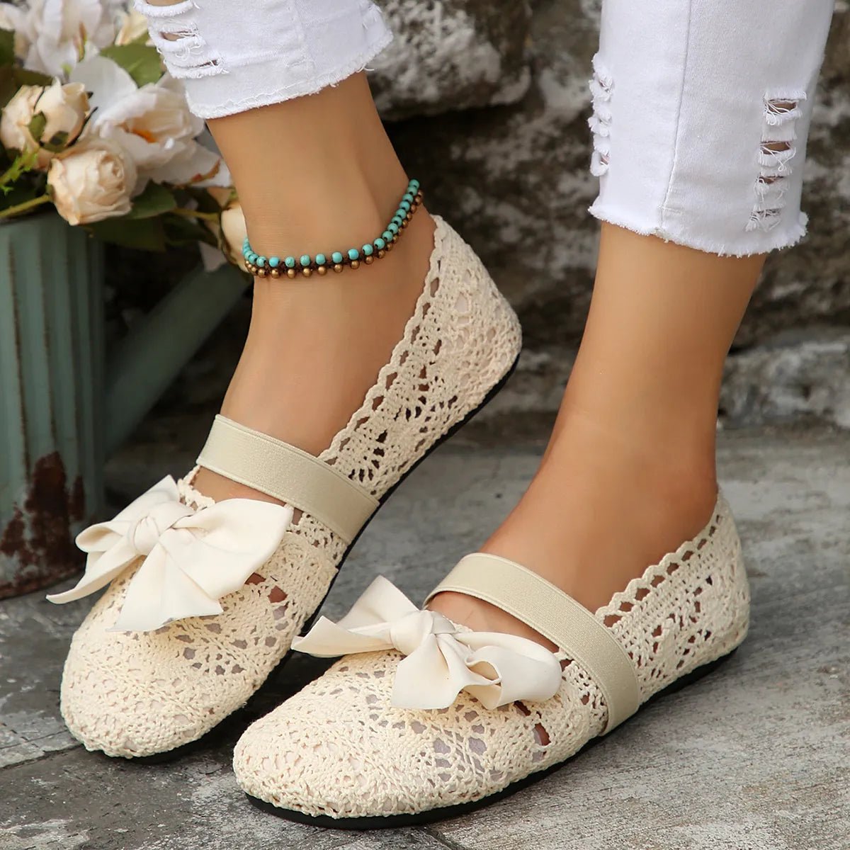 Women's round toe bow slip-on mesh flats by Plush Fashion Hub, featuring a stylish bow detail and comfortable slip-on design.