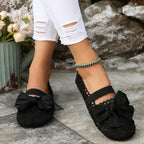 Women's chic round toe slip-on flats with bow detail and breathable mesh material by Trendsi. Comfortable fashion shoes.