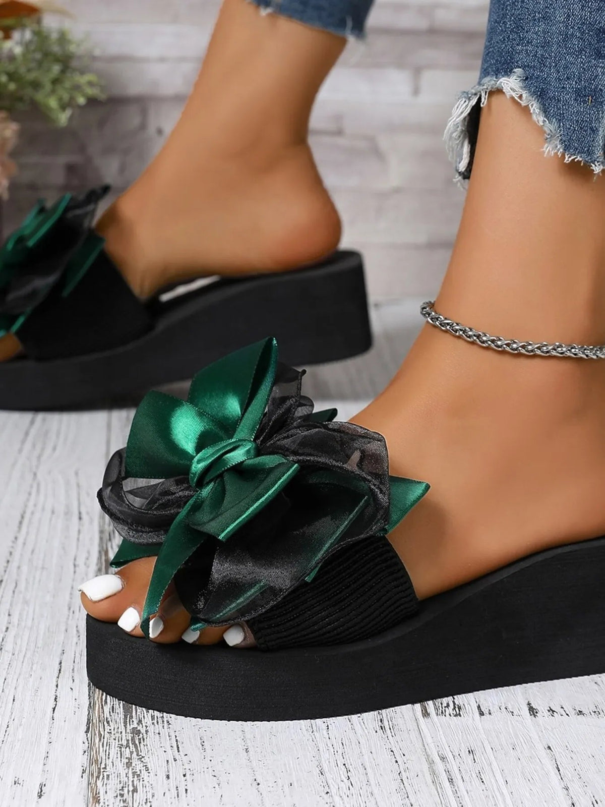 Women's bow-tie platform wedge sandals by Plush Fashion Hub, featuring chic summer style and comfortable mid-heels.