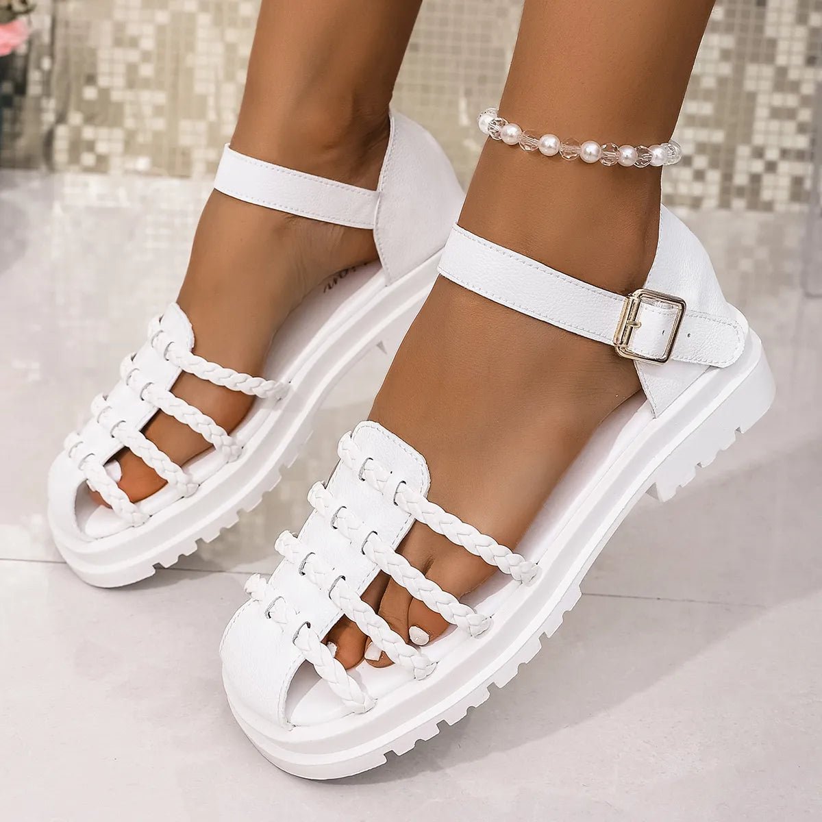 Women's braided ankle strap low heel sandals by Plush Fashion Hub featuring comfortable chic design and stylish footwear.