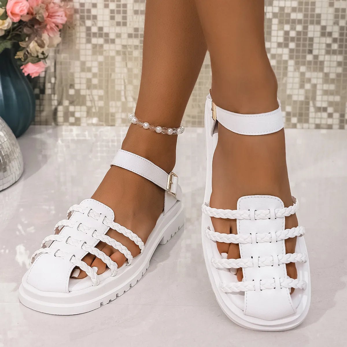 Women's braided ankle strap low heel sandals by Plush Fashion Hub, showcasing stylish design and comfortable fit.