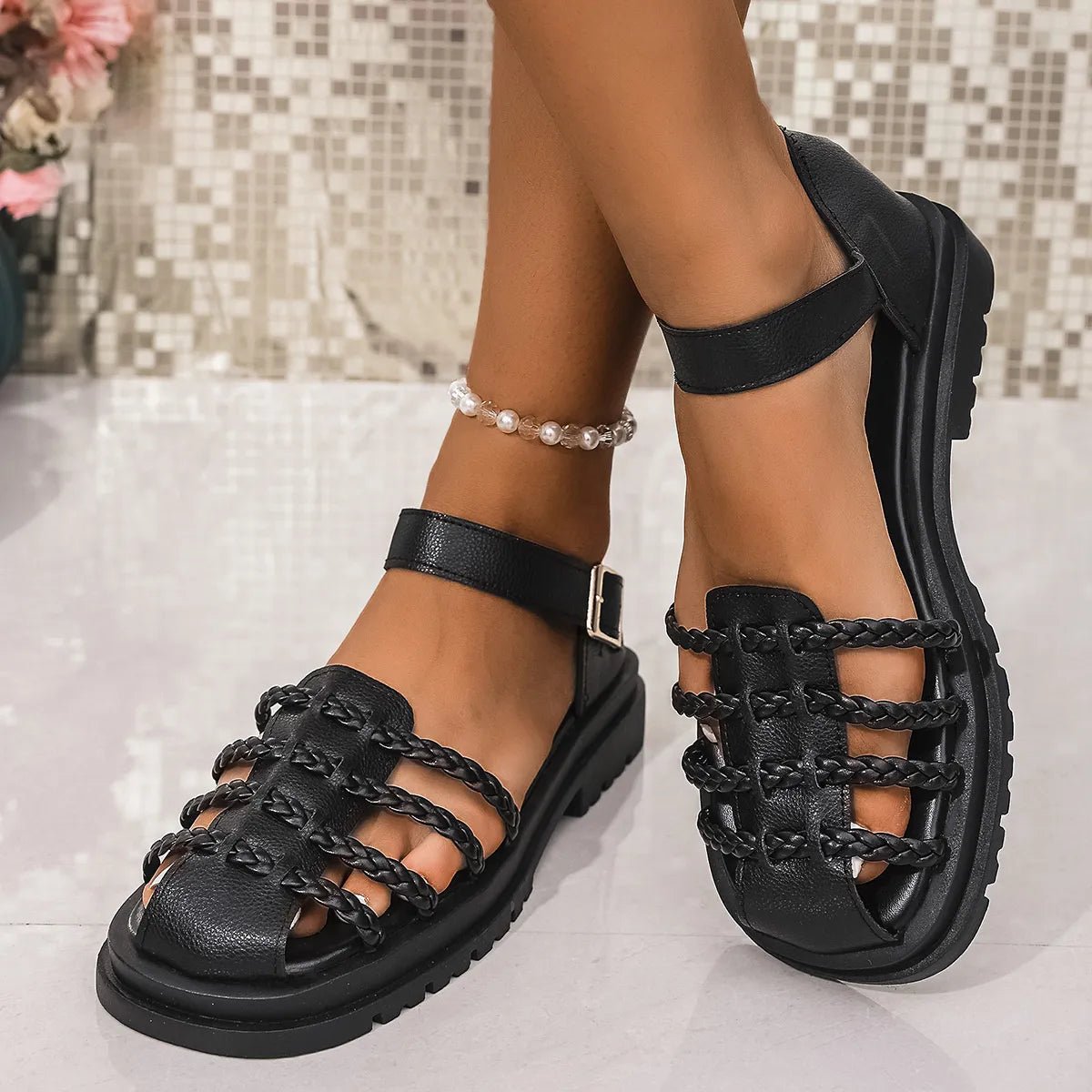 Women's braided ankle strap low heel sandals from Plush Fashion Hub, stylish and comfortable footwear for casual or dressy occasions.