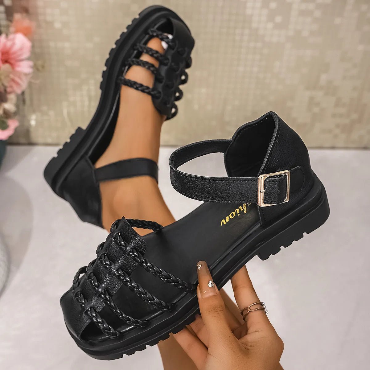 Women's braided ankle strap low heel sandals by Plush Fashion Hub, featuring comfortable chic design and stylish footwear.