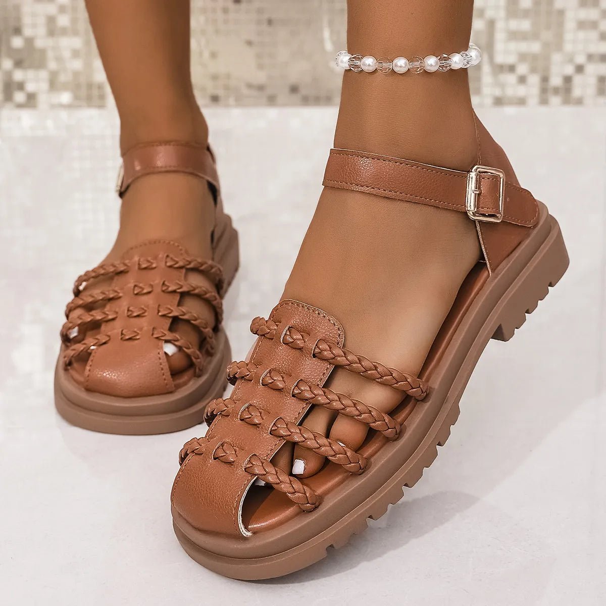 Women's braided ankle strap low heel sandals by Plush Fashion Hub, featuring comfortable chic design and stylish footwear.