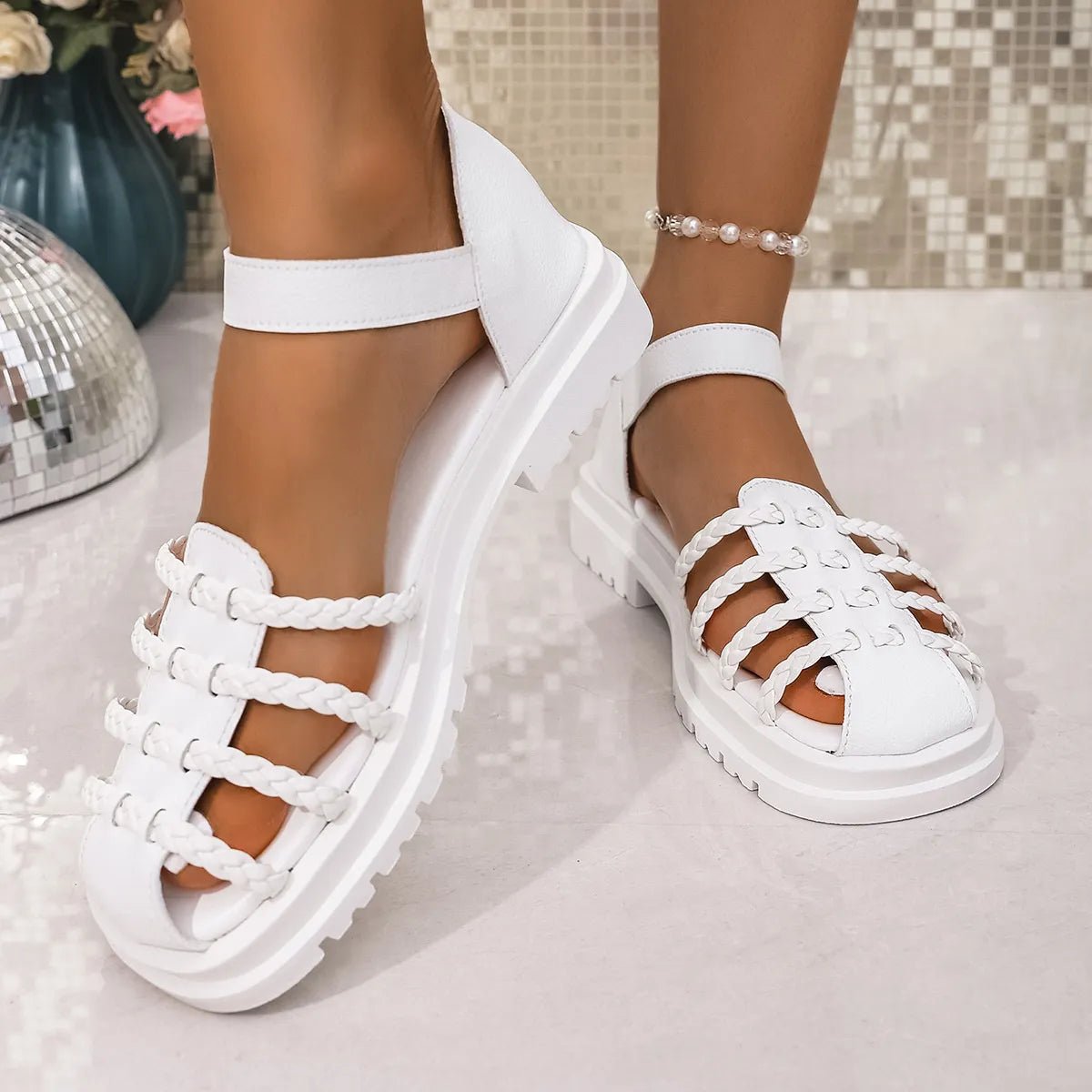 Women's braided ankle strap low heel sandals by Plush Fashion Hub, featuring comfortable chic design and stylish footwear.
