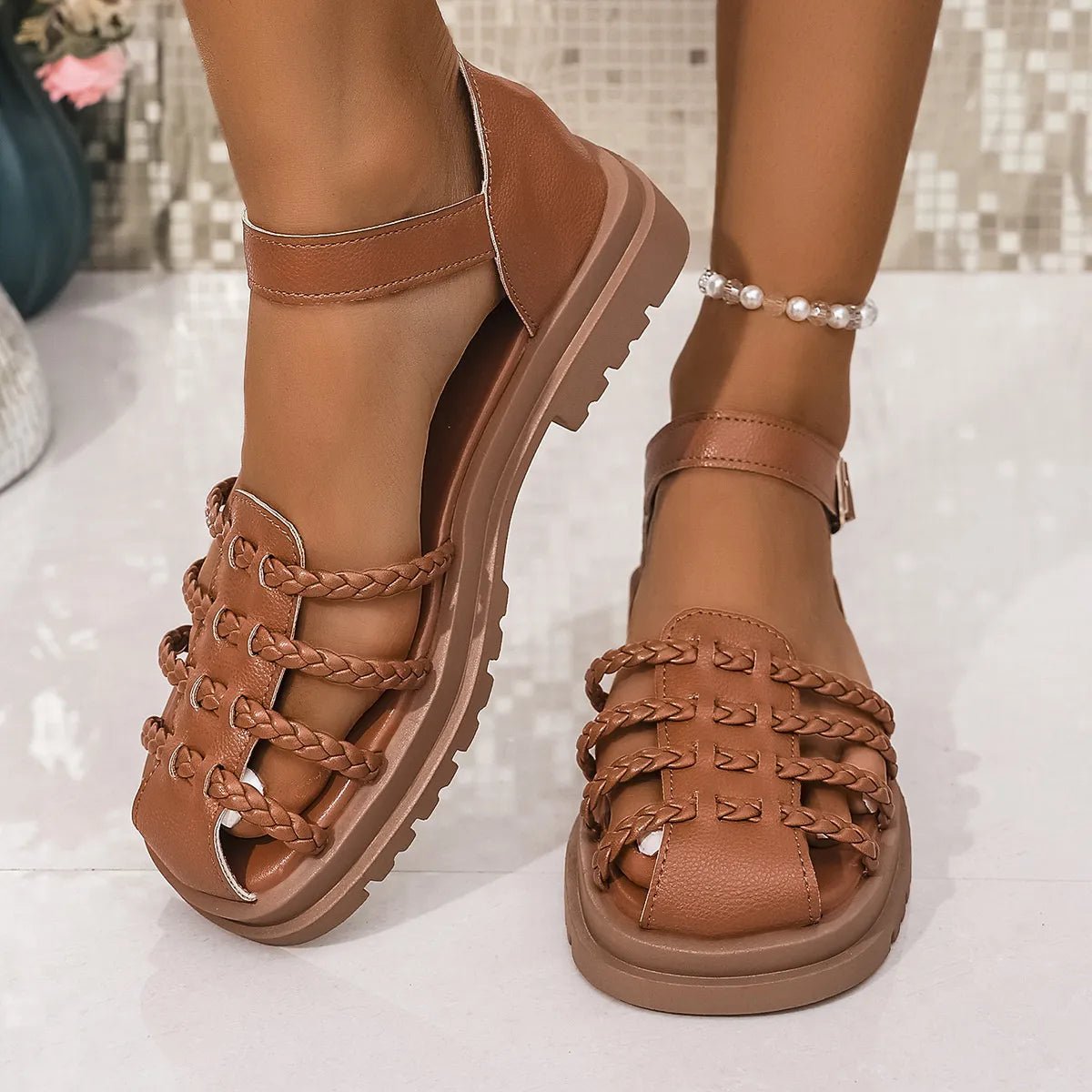 Women's braided ankle strap low heel sandals by Plush Fashion Hub, featuring comfortable chic design and stylish footwear for women.